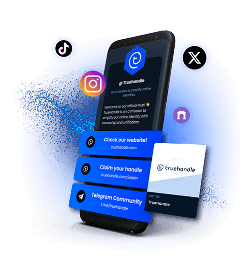 TrueHandle hub mockup on a smartphone, showcasing unified digital identity features with blockchain security. Includes buttons for website access, handle claiming, and Telegram community. Ideal for influencers and professionals seeking secure, unified online presence.